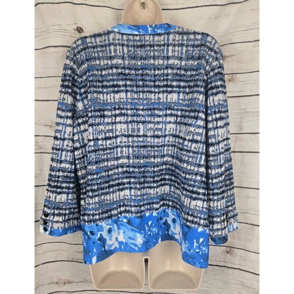 Ming Wang Blue Tweed Jacket Cardigan L Floral Trim Womens Ruffle Career - Picture 7 of 9